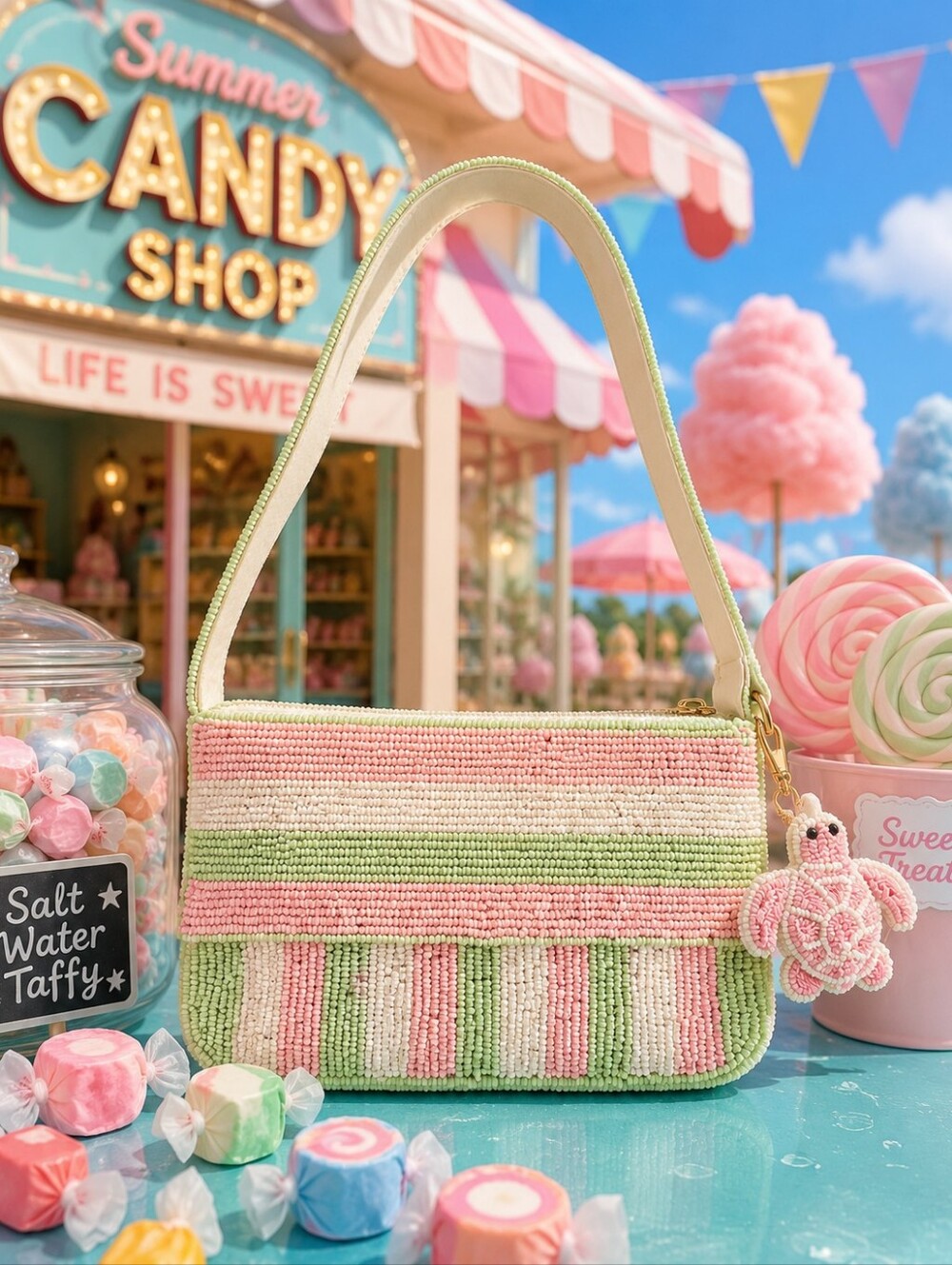 NEW Pink And Green Stripe Seaturtle Beaded Shoulder Bag Rare Find Viral NWT